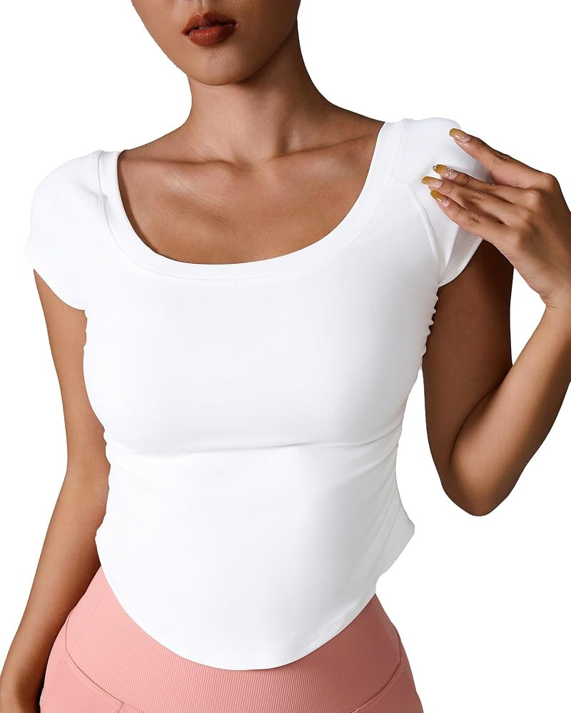 Women's Workout Crop T Women Ribbed Short Sleeve Square Neck Slim Fit Summer Yoga Short Sleeve Shirts Tees | Amazon (US)
