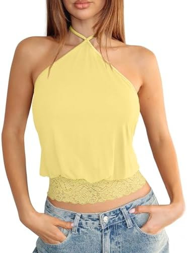 REORIA Womens Sexy Halter Lace Double Lined Tank Tops Trendy Cute Summer Y2K Backless Going Out 2... | Amazon (US)