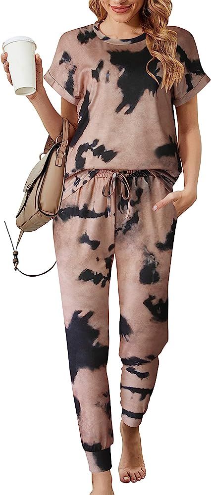 ANRABESS Women’s Two Piece Outfit Tie Dye Short Sleeve Sweatsuit Crewneck Long Pants Lounge Set... | Amazon (US)