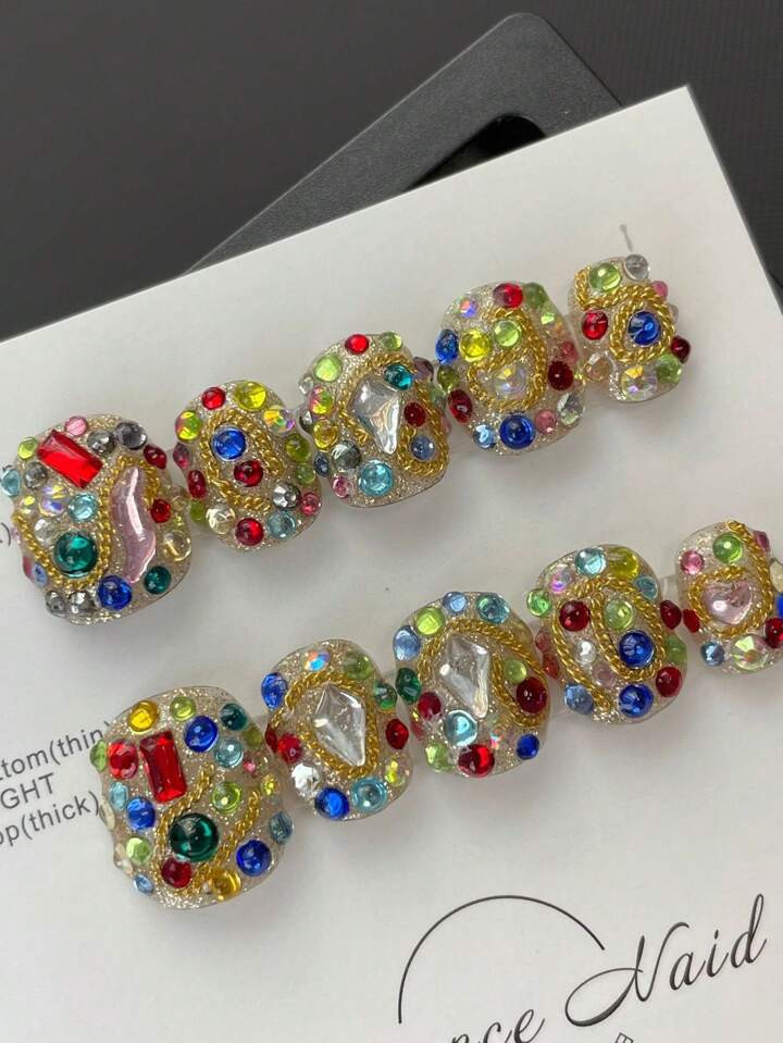 1pair (10pcs) Colorful Rhinestone Full Nail Nail Art Tips, Luxurious Handmade Reusable Manicure Jewelry Press On Nails Nail Supplies | SHEIN