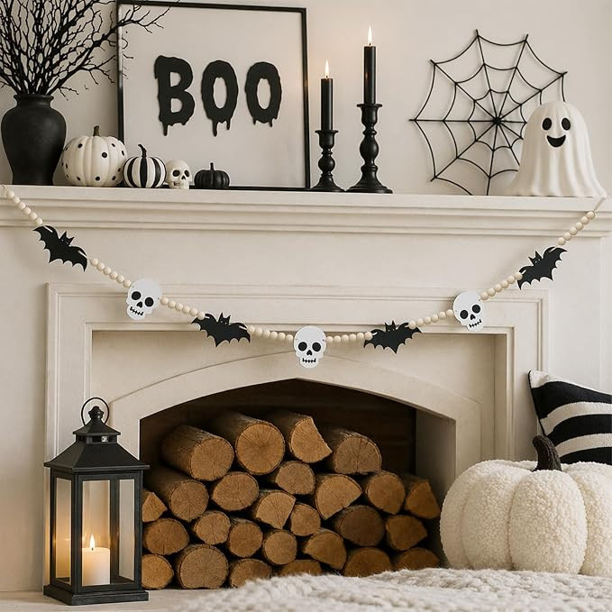 6.7 FT Halloween Decorations Garland with Bat and Skull Wooden Bead Decor | Amazon (US)