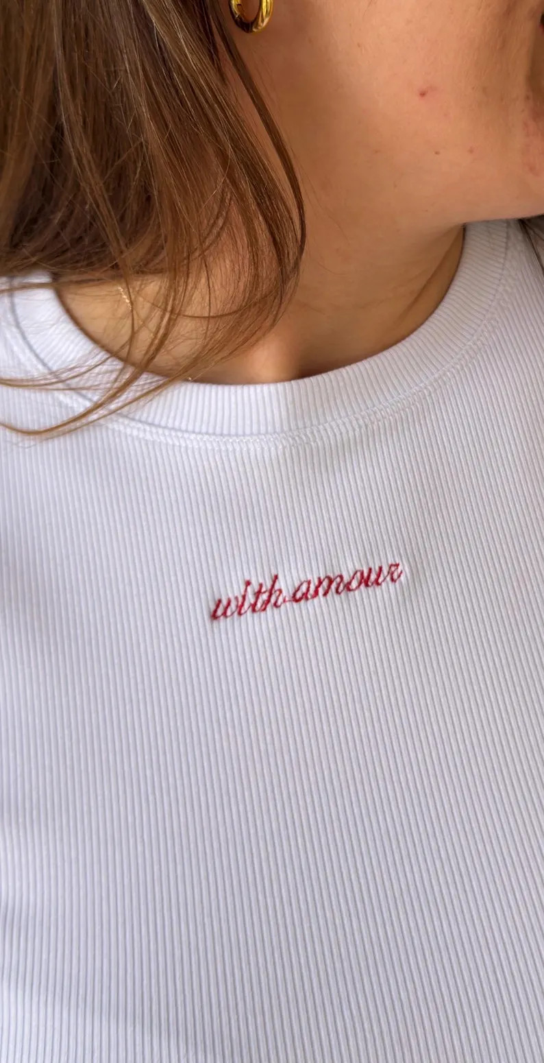 Fitted White Ribbed Tee | Embroidered "With Amour" Script, French Style | Etsy (Global)