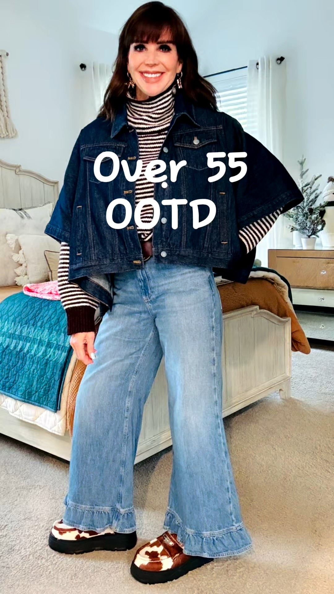 The cutest ruffle jeans, trending cow print platform slides, a fun sweater and adorable denim cape were on tap for today!  Little bow earrings to top off the cuteness!!  Love! 👖🤍🤎🤍🤎

#LTKOver40 #LTKootd #LTKSeasonal