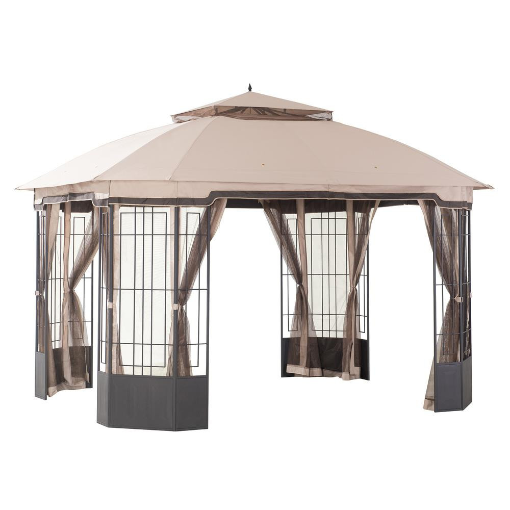 Hampton Bay Bellana 12 ft. x 10 ft. Light Beige Domed Top Gazebo with Mosquito Netting, Beige / Crea | The Home Depot