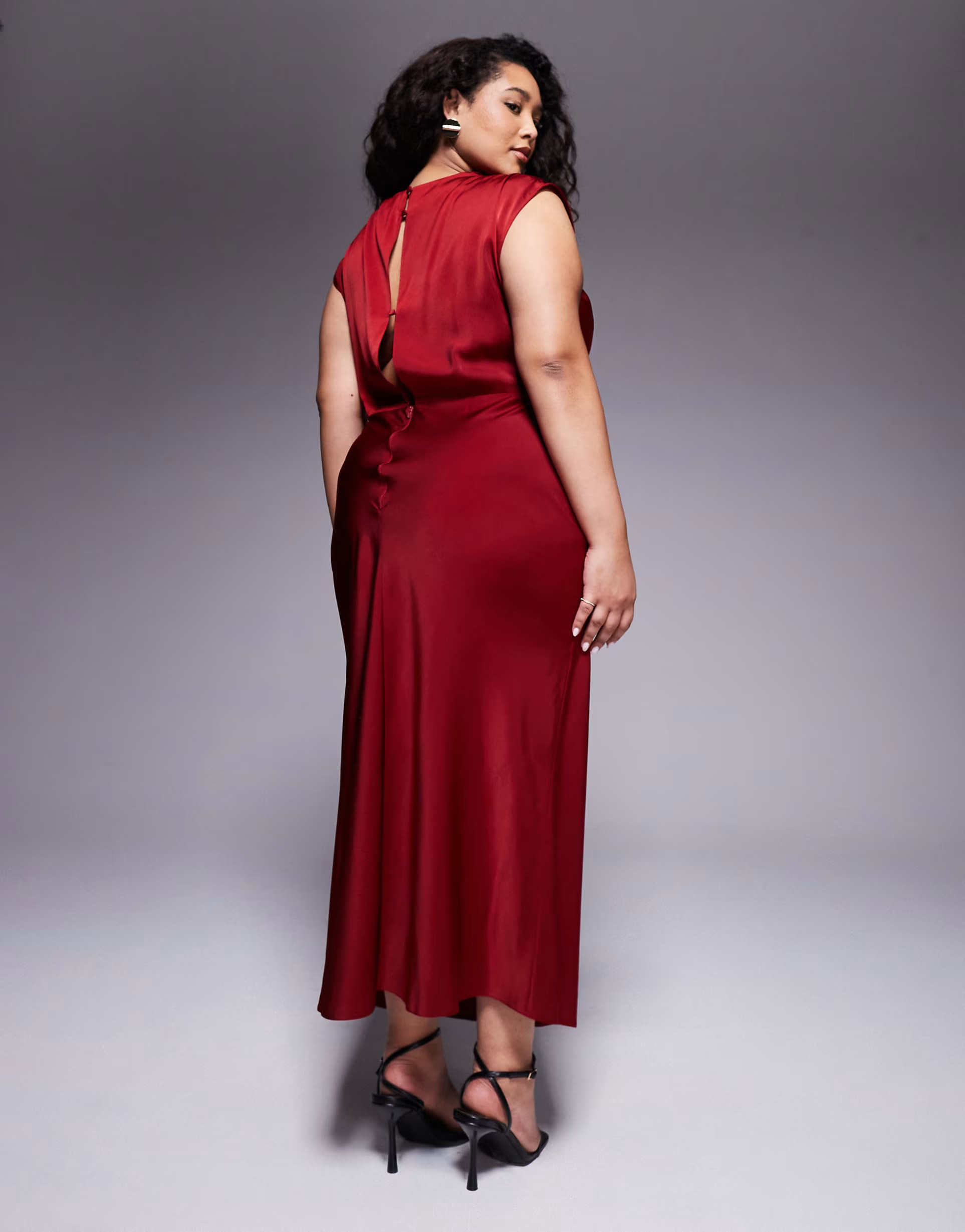 ASOS DESIGN Curve satin high neck pleated bodice midi dress in burgundy | ASOS | ASOS (Global)