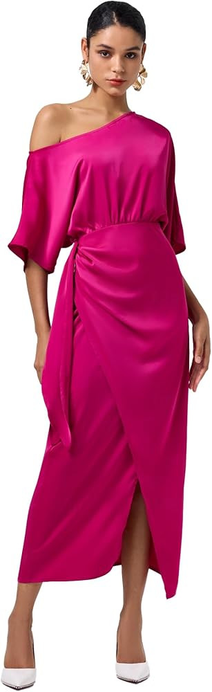 ADOR Women's One Shoulder Satin Dress Wedding Guest Long Formal Maxi Cocktail Party Dresses Mothe... | Amazon (US)