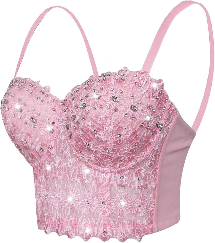 Women's Lace Rhinestone Bustier Crop Top Sexy Mesh Party Corset Top Bra | Amazon (US)