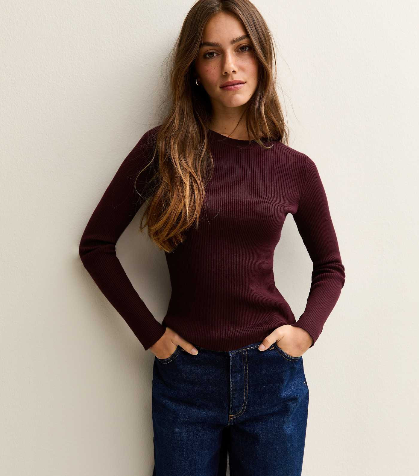 Petite Burgundy Ribbed Knit Crew Neck Jumper | New Look | New Look (UK)