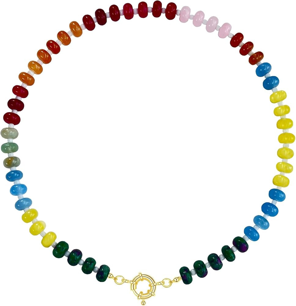 Beaded Necklace for Women, 17 Inch Colorful Rainbow Necklace Boho Bead Choker Necklaces - Natural... | Amazon (US)