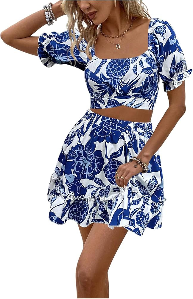 Floerns Women's 2 Piece Outfit Vacation Floral Short Sleeve Tie Back Crop Tops A Line Skirt Set | Amazon (US)