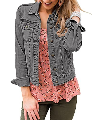 LookbookStore Women's Basic Long Sleeves Button Down Fitted Denim Jean Jackets Gray Grey Size Small Size 4 6 | Amazon (US)