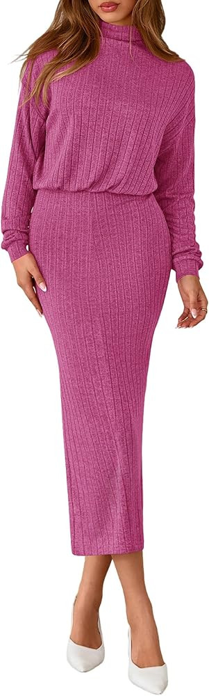 PRETTYGARDEN Turtle Neck Dresses for Women 2026 Fall Knit Outfits Slit Elastic Waist Long Sleeve ... | Amazon (US)