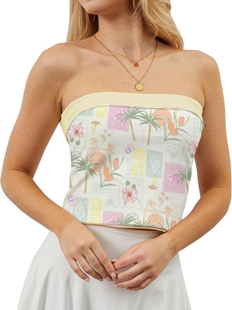 Strapless Reversible Foldover Tube Tops for Women Floral Print Summer Going Out Bandeau Sleeveles... | Amazon (US)