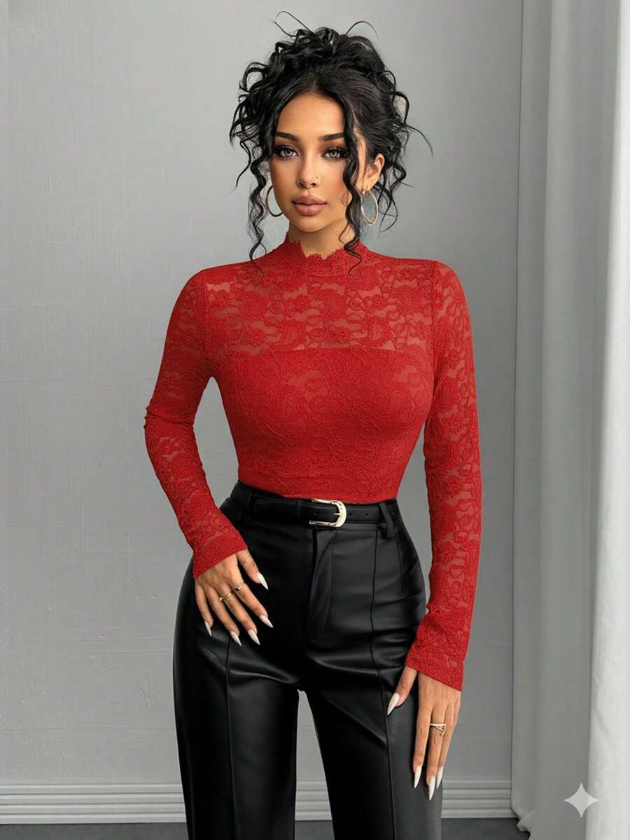 Rafferiza Women's French Elegant Lace Long Sleeve T-Shirt | SHEIN
