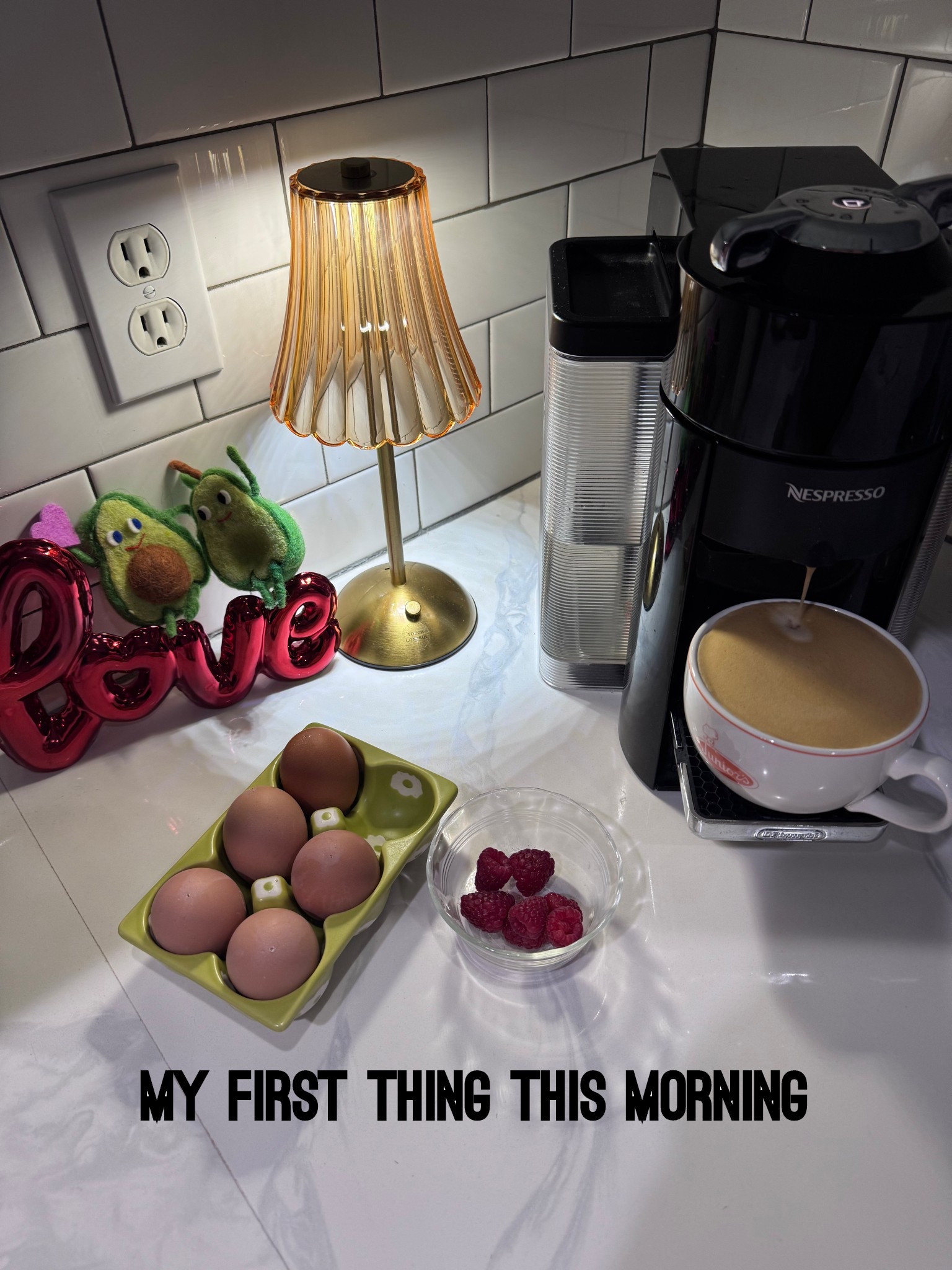 Self care time this morning, this is what my 6 am looked like. A little Valentine decor, Nespresso (decaf), hard boiled eggs, raspberries and my little countertop light.

#LTKmorningroutine #LTKselfcare #LTKdayinmylife