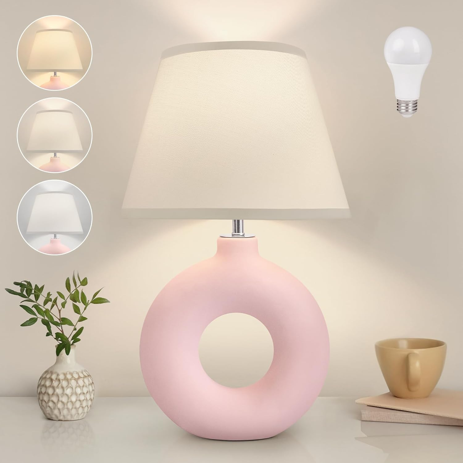 Pink Ceramic Table Lamp for Living Room Bedroom, 21" Modern Bedside Lamps for Kid's Room 3 Color ... | Amazon (US)