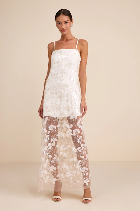 Cassie White Sequin Embroidered Sheer Hem Maxi Dress | white bridal dresses  | Lulus