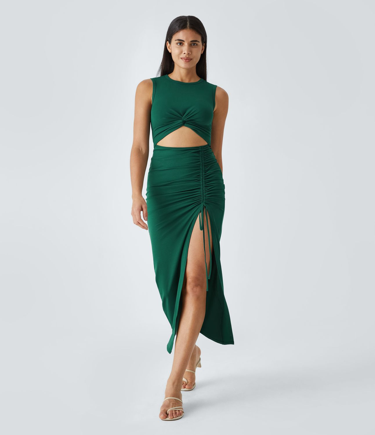 Women’s Round Neck Twisted Cut Out Ruched Drawstring Split Hem Bodycon Midi Casual Dress - Hala... | HALARA