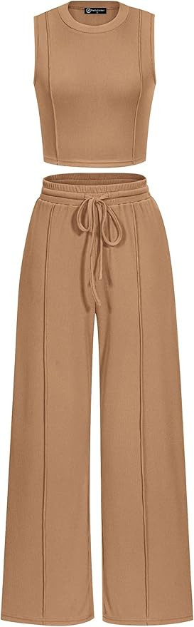 Pretty Garden Womens 2 Piece Summer Ribbed Knit Sleeveless Crop Tank Tops Wide Leg Casual Pants | Amazon (US)