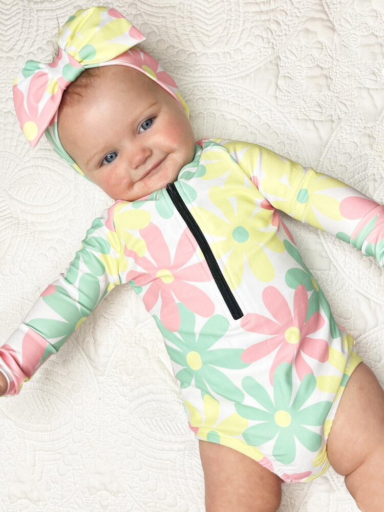 Baby Allover Floral Print Zipper Front One Piece Swimsuit With Headband | SHEIN