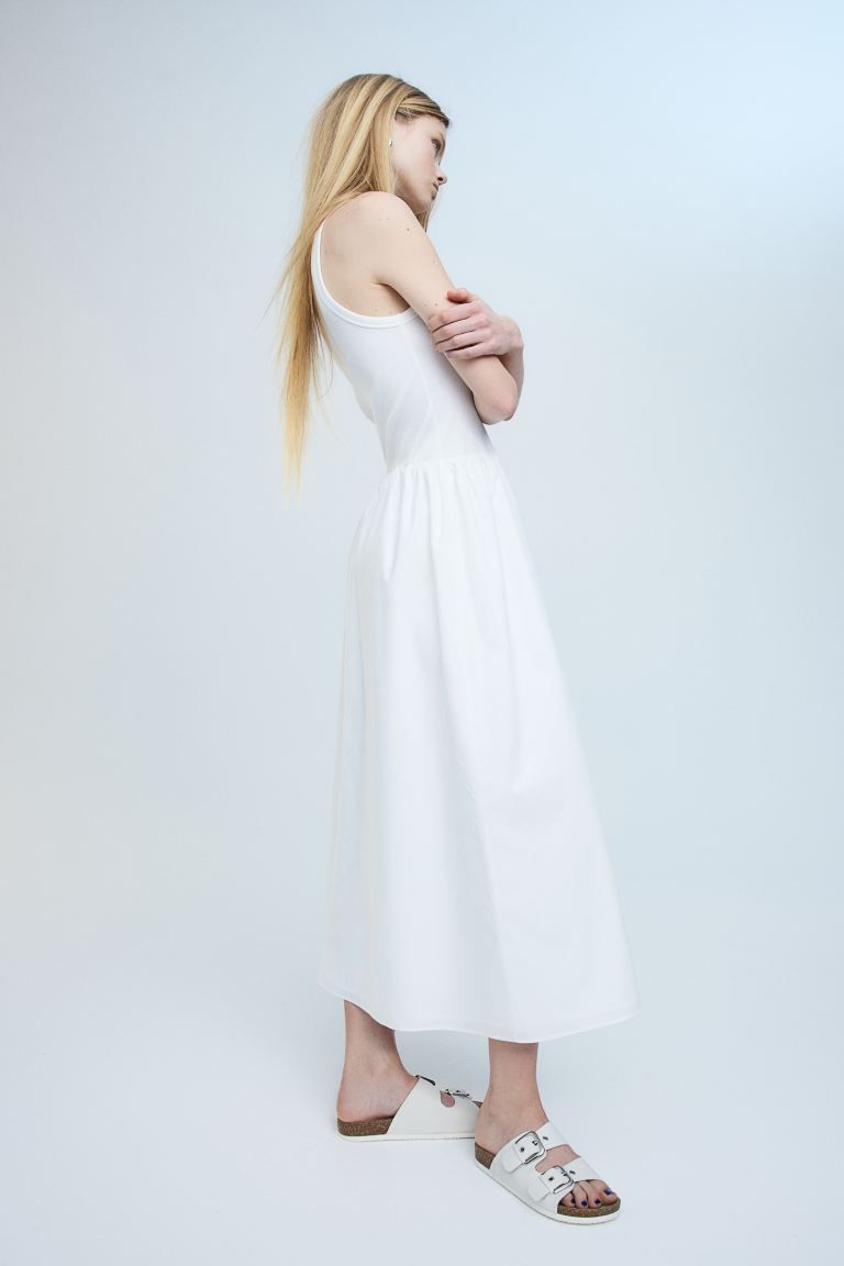 Poplin-skirt Ribbed Jersey Dress - Round Neck - Sleeveless - Cream - Ladies | H&M US | H&M (US + CA)