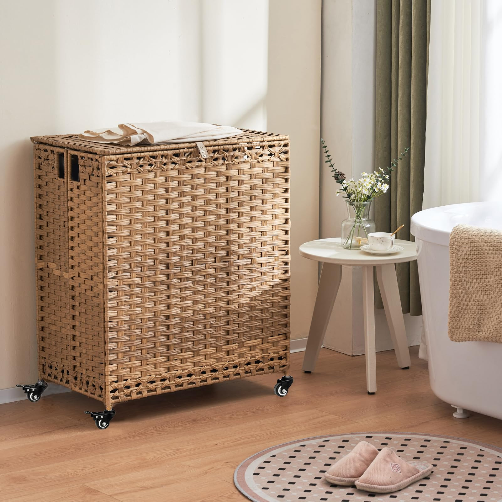 Laundry Hamper with Wheels&Lid, 50.2 Gallons(190L) Rolling Laundry Basket with Wheels, 3-Section ... | Amazon (US)