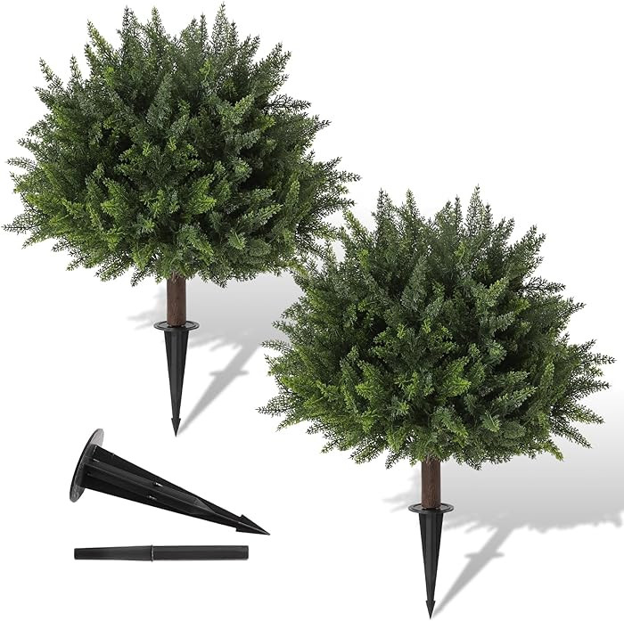 Pertivery 2 Pack Artificial Cedar Topiary, 23.6Inch UV Resistant Artificial Shrubs, with Ground S... | Amazon (US)