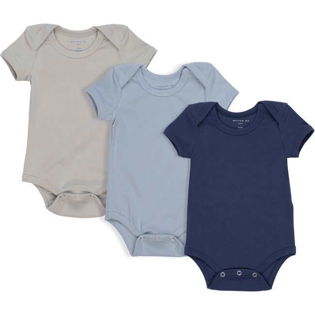 Baby Perry Short Sleeve Bodysuit Trio, Blue Multi | Maisonette