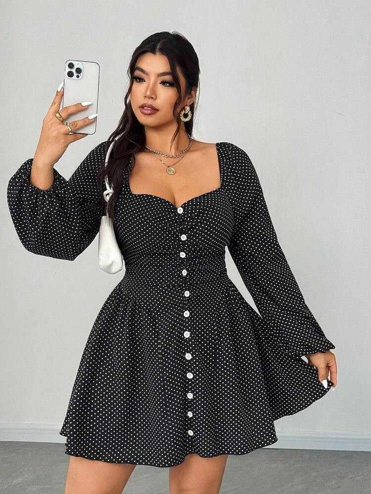 Elenzga Plus-Size Women's New Year Elegant Polka Dot Print Button Decor Valentine's Day Dress | SHEIN