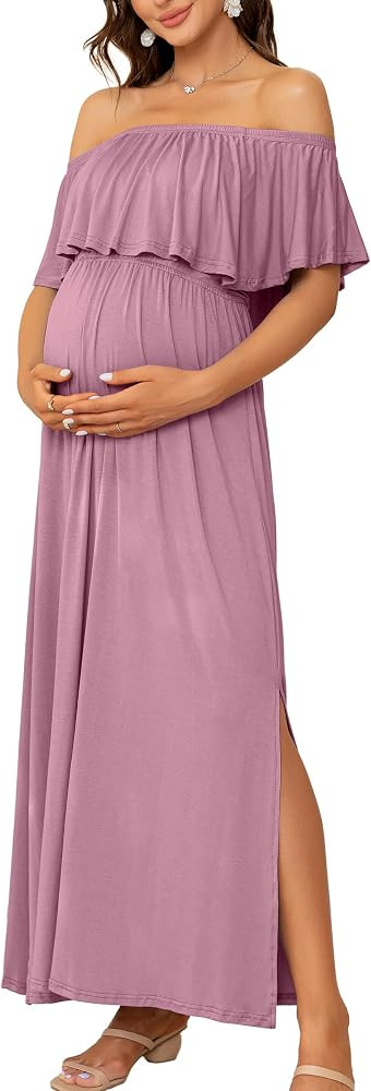 Off Shoulder Maternity Maxi Dress, Ruffle Detail, Side Slit, for Baby Shower and Photoshoot | Amazon (US)