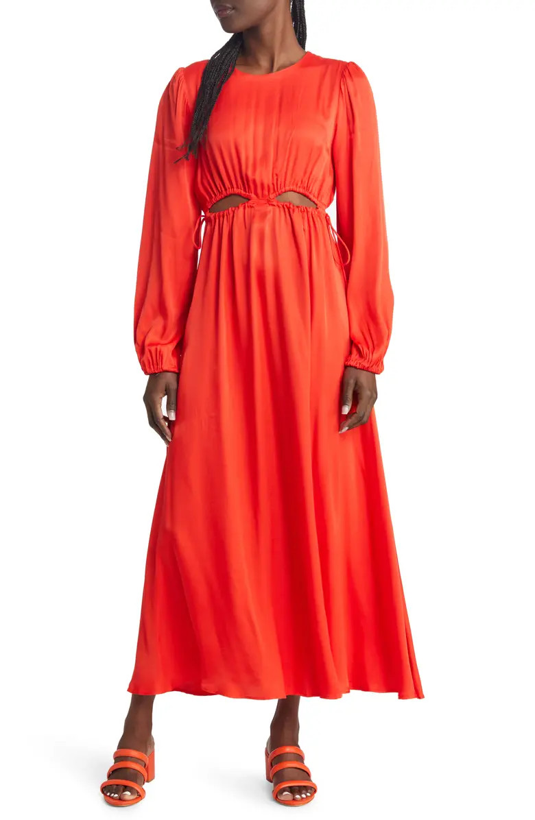Ruched Cutout Long Sleeve Satin Maxi Dress | Nordstrom