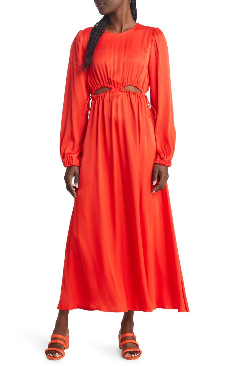 Ruched Cutout Long Sleeve Satin Maxi Dress | Nordstrom