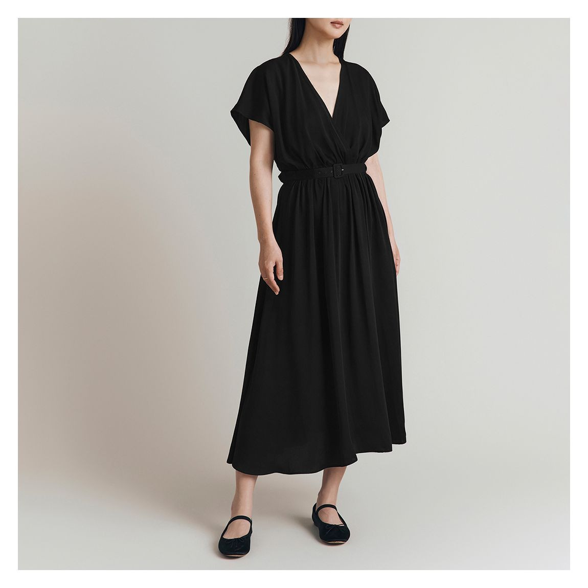 Ghost Black Satin Gathered Midi Dress - BrandAlley | BrandAlley