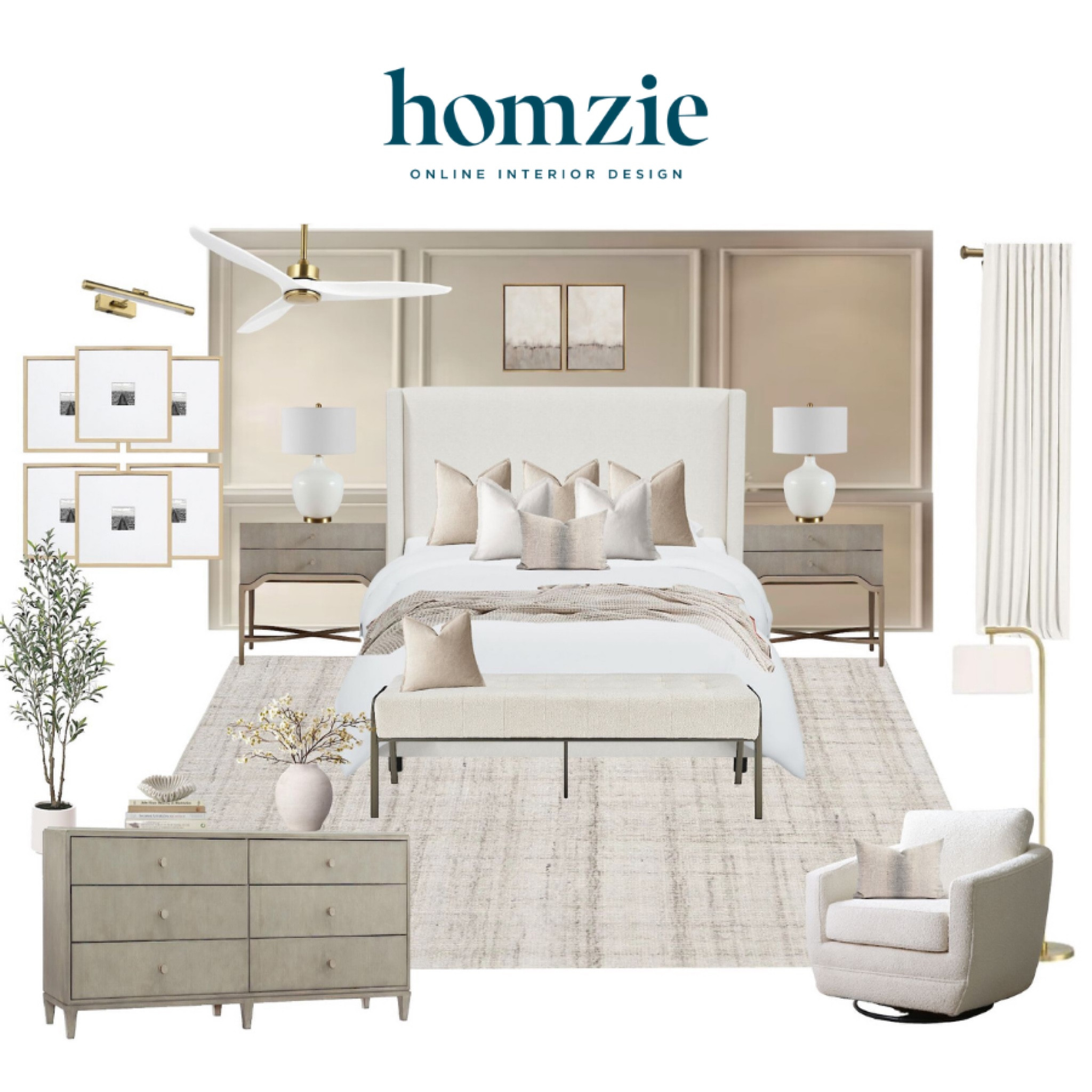 Neutral modern bedroom design! We love this light wood dresser and nightstand, our favorite upholstered bed, boucle swivel chair, neutral rug, and neutral bedding! 

#LTKHome #LTKFamily #LTKSaleAlert