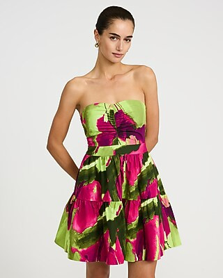 Cotton Poplin Strapless Sweetheart Tiered Mini Dress with Pockets | Express