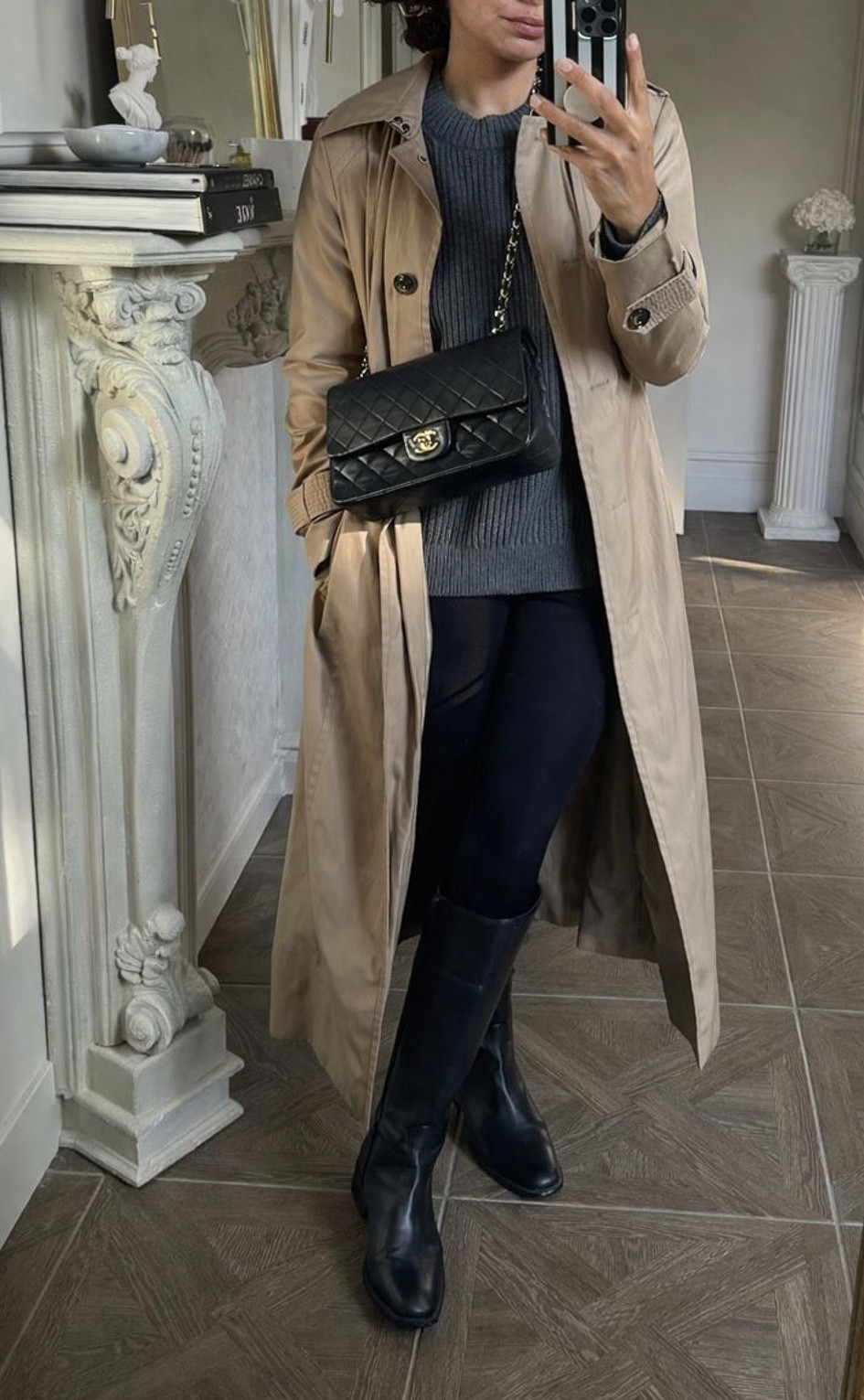 Leggings outfit with tall boots, sweater, and trench coat 

#LTKootd