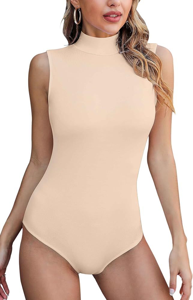 SHEIUGU Bodysuit Women's Mock Turtle Neck Sleeveless - Sexy Tank Top Soft slim Basic t-shirt | Amazon (US)