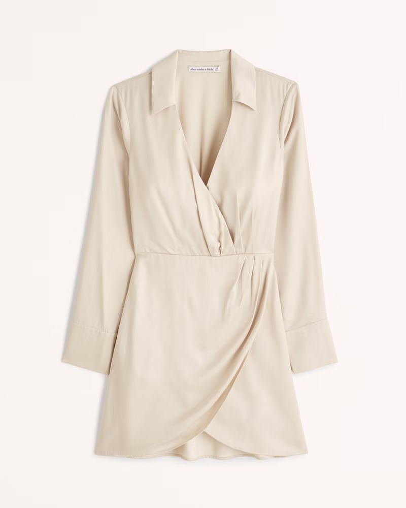 Abercrombie & Fitch Women's Long-Sleeve Satin Drapey Shirt Dress in Cream - Size XXS PETITE | Abercrombie & Fitch (US)