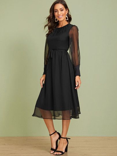 SHEIN Sheer Sleeve Solid Belted  Dress | SHEIN
