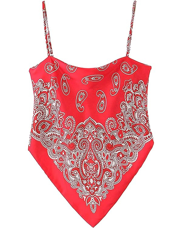 Women's Paisley Print Tie Back French Knot Hanky Hem Spaghetti Straps Handkerchief Cami Bandana T... | Amazon (US)