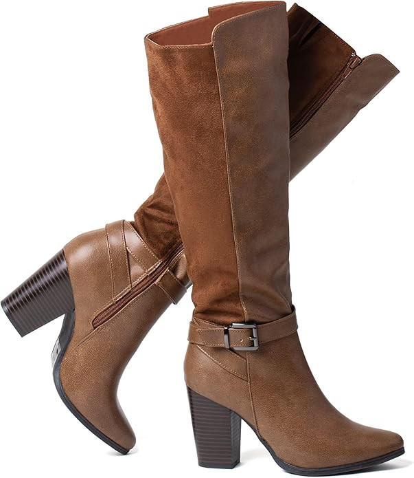 Women's Heeled Knee High Boots Zip Up High Chunky Heeled Boots | Amazon (US)