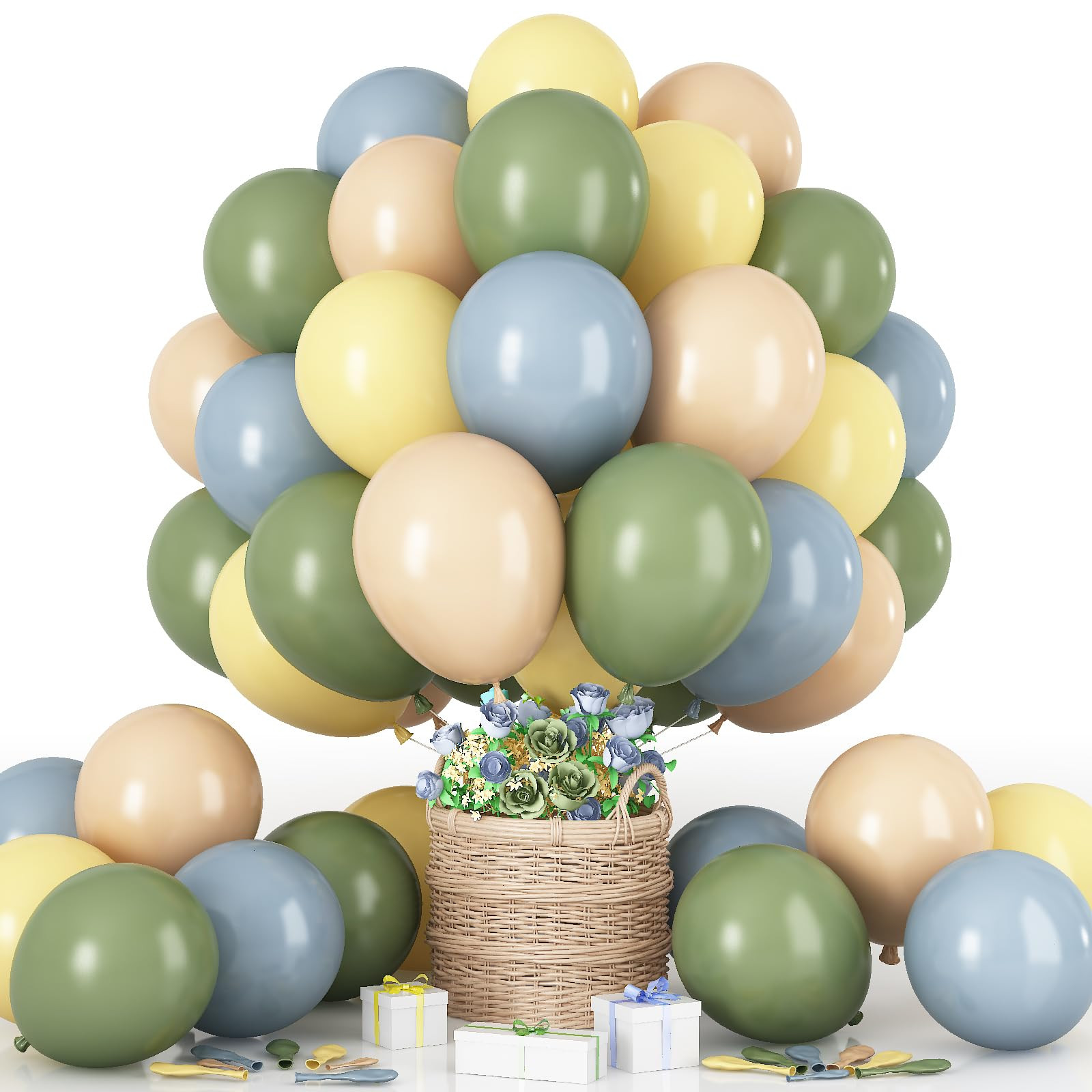 Sage Green Dusty Blue Yellow Balloons Set, 60Pcs 12 Inch Olive Green Macaron Yellow Slate Blue Wh... | Amazon (US)