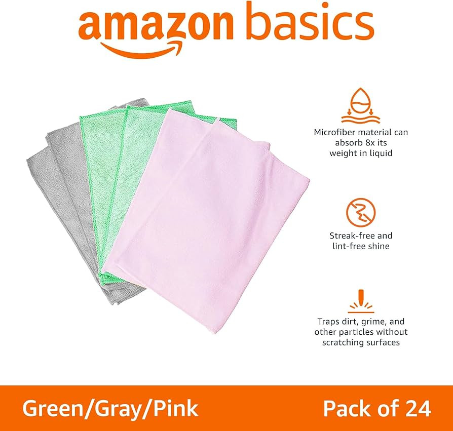 Amazon Basics Microfiber Cleaning Cloths, Free from Streaks/Lint/Scratch for Cars, Pack of 24, Gr... | Amazon (US)