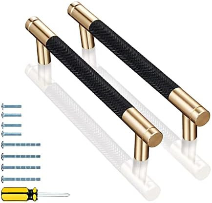 GTKHAAPPY Cabinet Handles 12-Pack 6.2'' Modern Black & Gold Aluminum Cabinet Pulls Knurled Diamond P | Amazon (US)