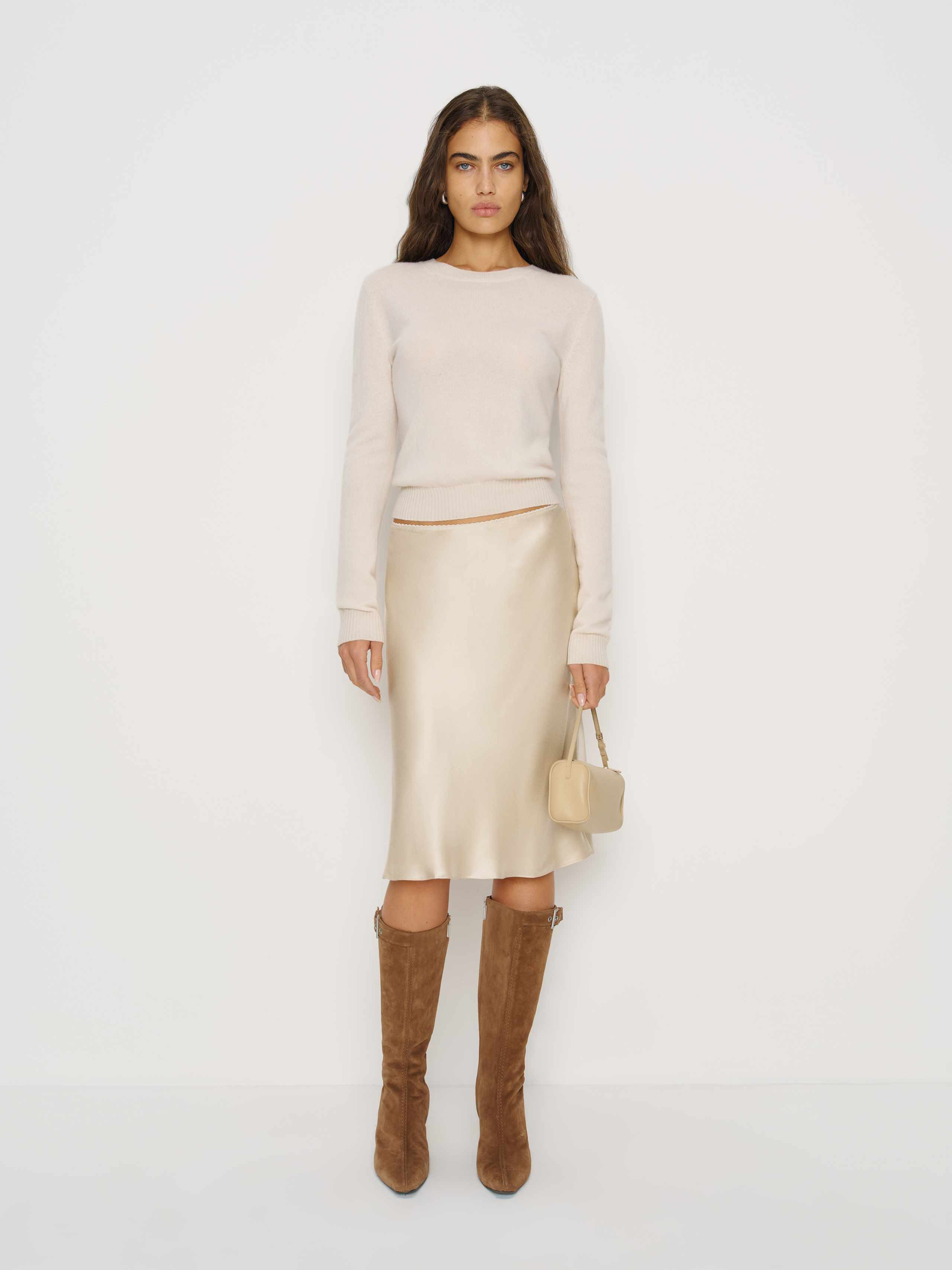 Reformation Layla Silk Knee Length Skirt Ivory 12 | Reformation (Global)