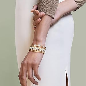 Gold Beaded Bracelets for Women Stackable Gold Bracelets for Women 14K Gold Plated Stretch Bead B... | Amazon (US)