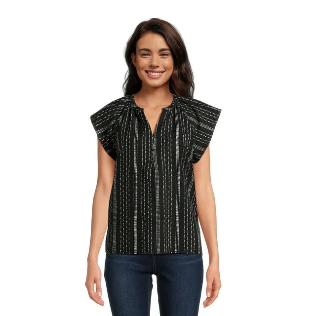 Time and Tru Women's Split Neck Top with Flutter Sleeves, Sizes XS-XXXL | Walmart (US)