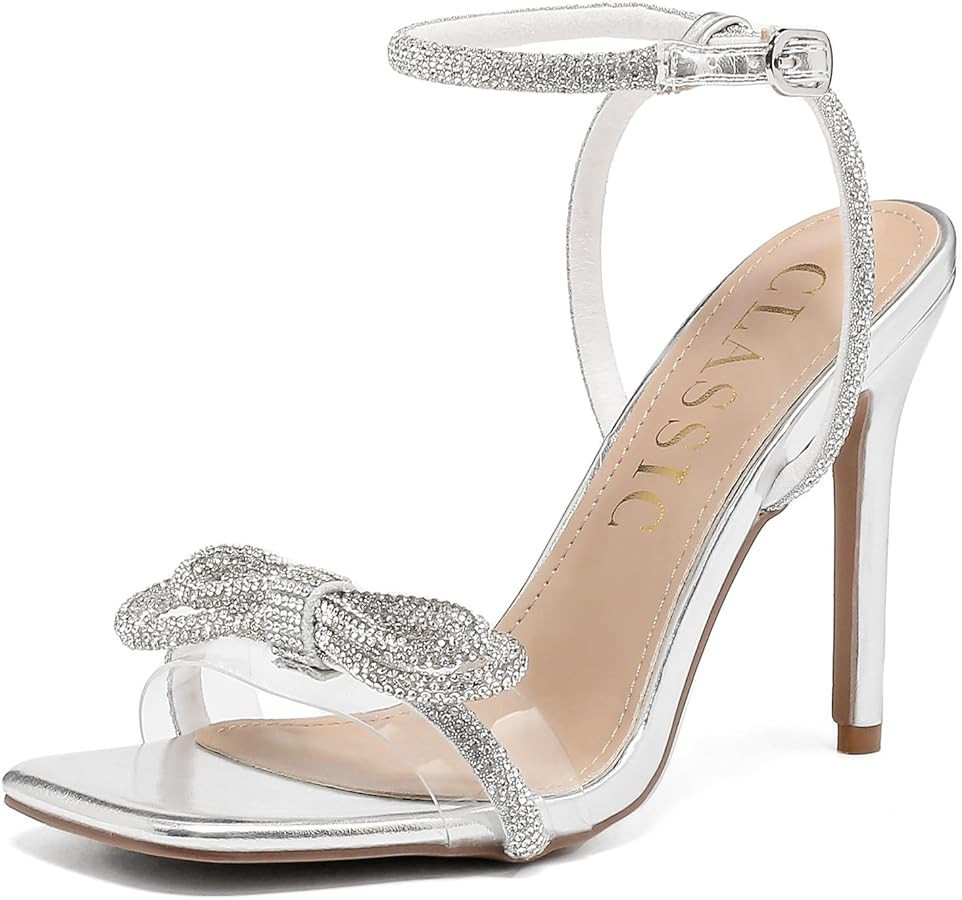 Women's Double Bowknots Heels Crystal Sandals, Silver Strappy High Heels for Women Open SquareToe... | Amazon (US)