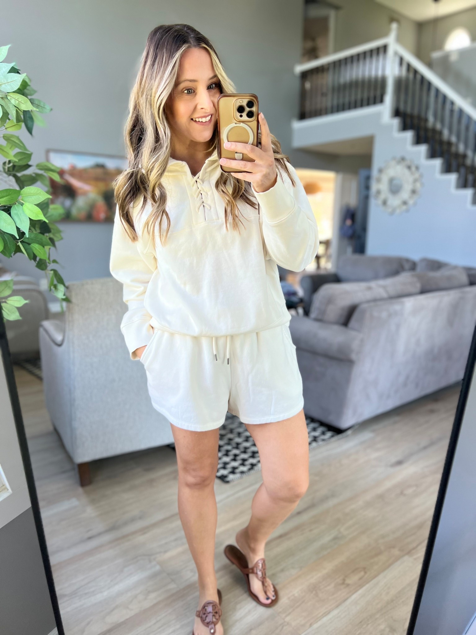 The cutest set!! So comfy and I love the lace up hoodie! I sized up in the shorts and shouldn’t have! Stay true to size in both  

#LTKOver40