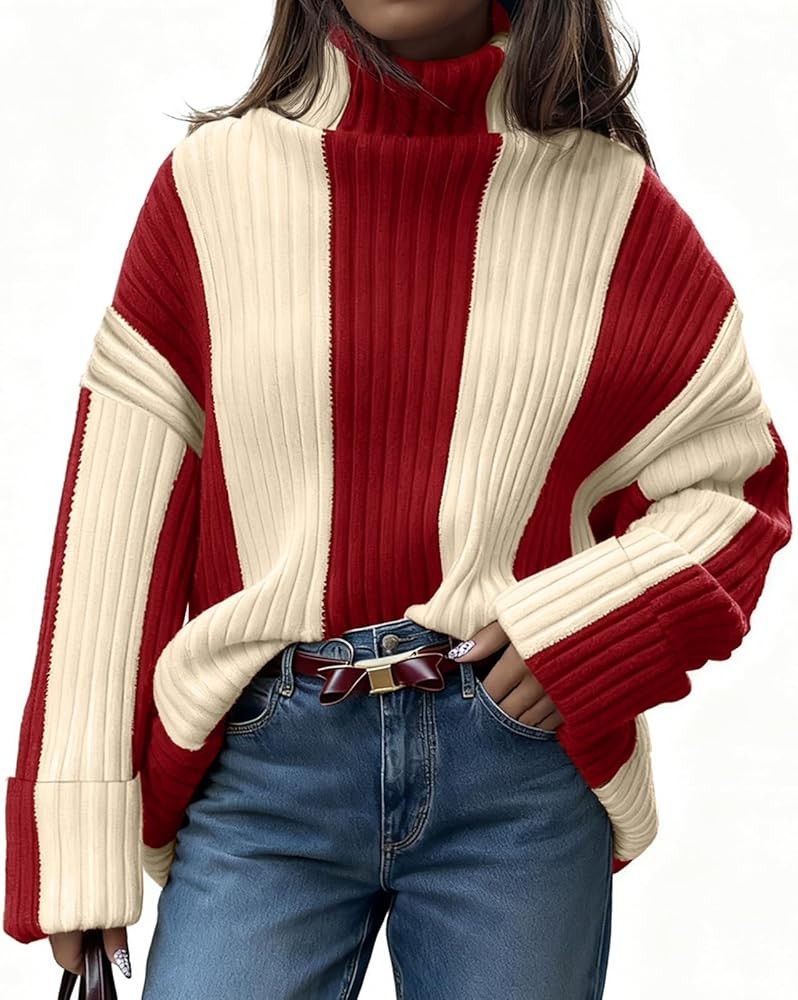 Saodimallsu Womens Turtleneck Sweater Color Block Striped Oversized Sweaters Winter Casual Trendy... | Amazon (US)